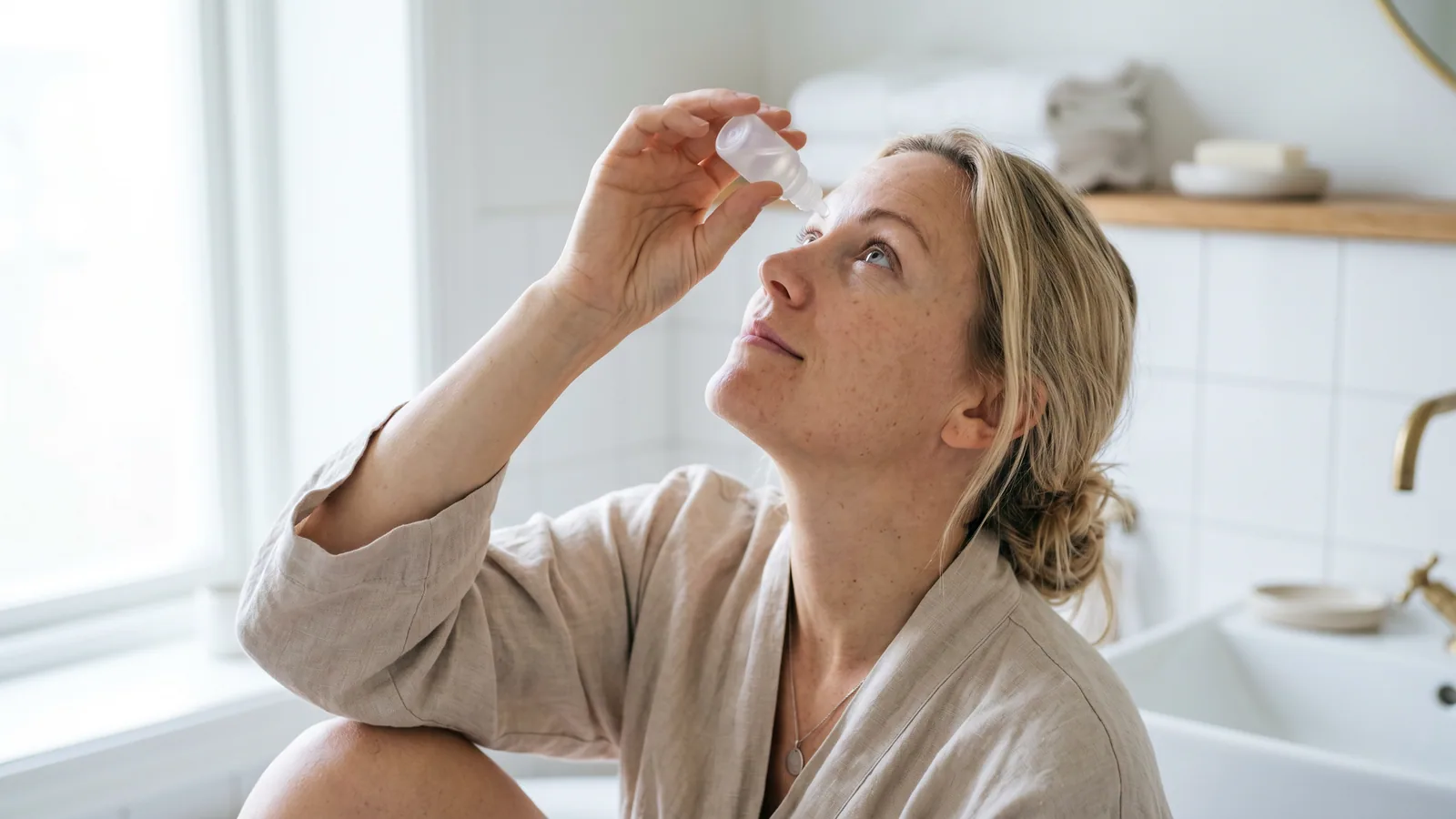 Kvinne drypper øynene med fuktighetsdråper på badet