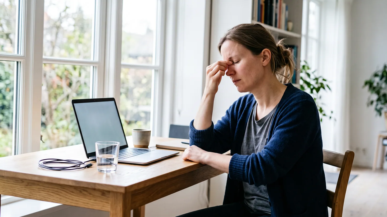 Mann i 30-årene ved et hjemmekontor om kvelden lener seg tilbake fra en laptop og klemmer neseroten med lukkede øyne etter en lang skjermdag