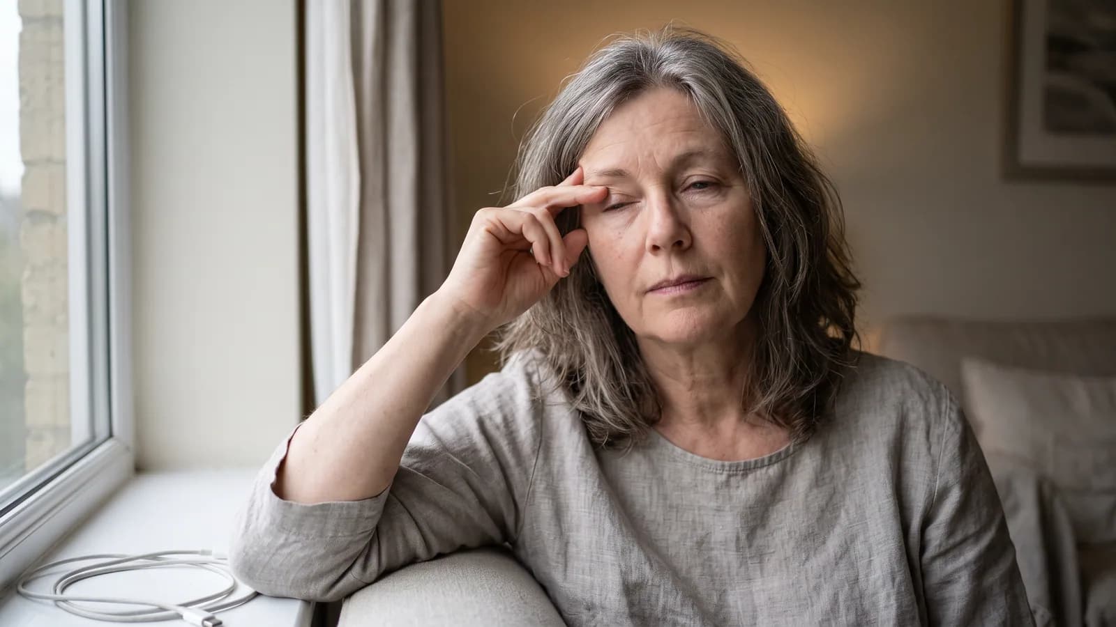 Kvinne i sekstiårene sitter ved et vindu og hviler fingrene mot tinningen, med tunge, trette øyelokk