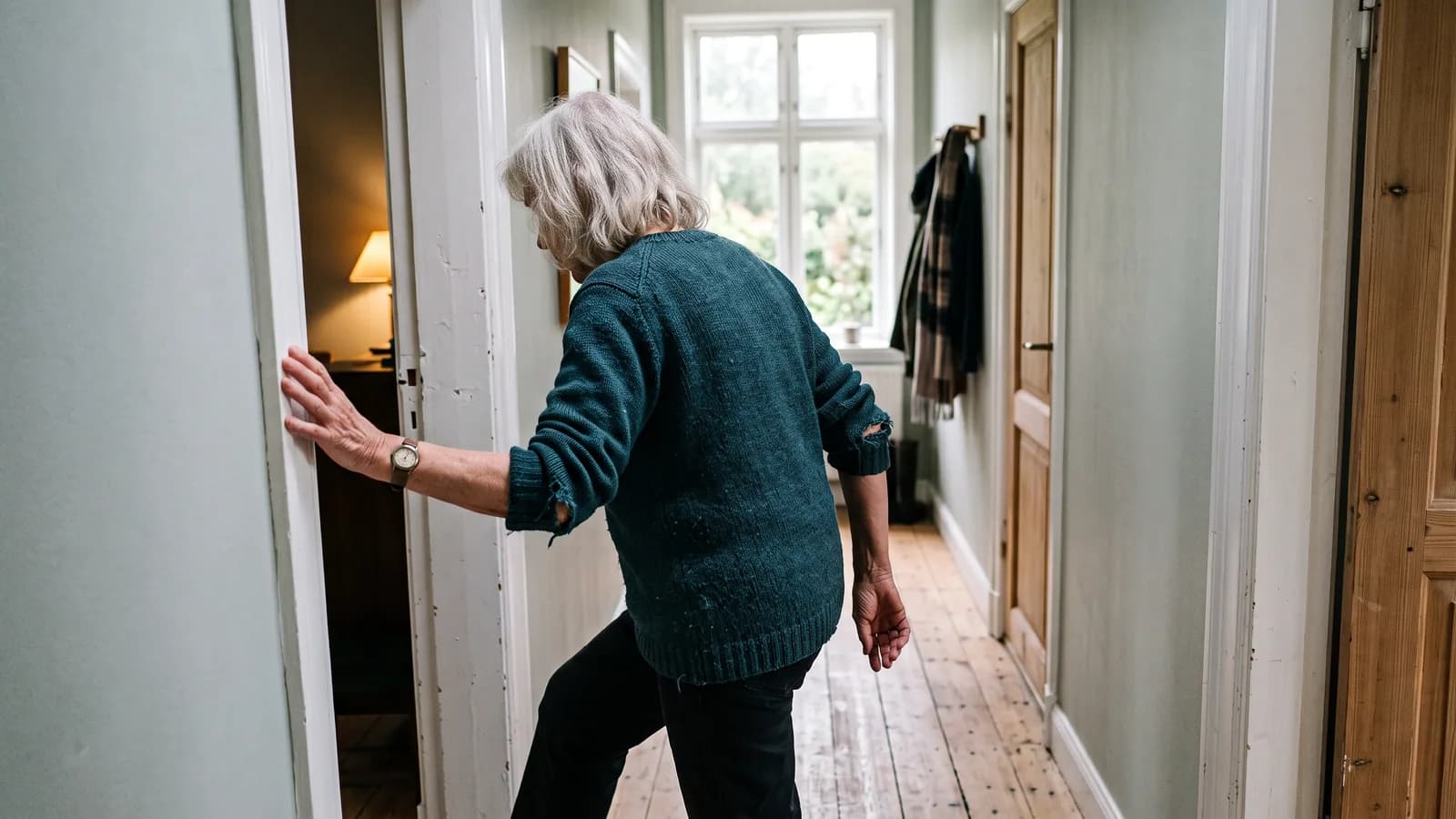 Eldre kvinne går gjennom en dørkarm i en lys gang og støtter den ene hånden mot karmen