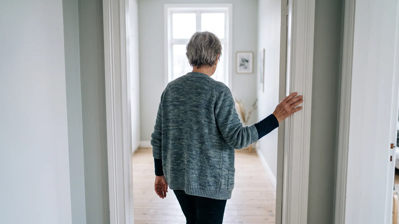 Eldre kvinne går gjennom en dørkarm i en lys gang og støtter den ene hånden mot karmen
