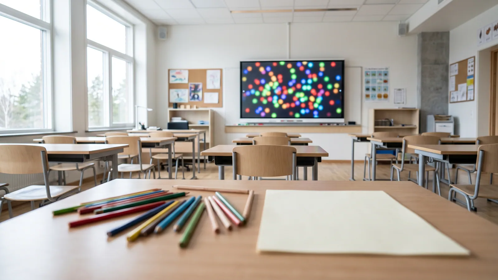 Lyst nordisk klasserom der en Ishihara-inspirert fargeprikkplate vises på en smartboard, mens elever ved pultene følger med i rolig, klinisk dagslys