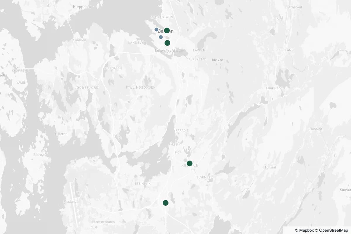 Kart over øyeklinikker i Bergen og resten av landet — trykk på en markør for detaljer