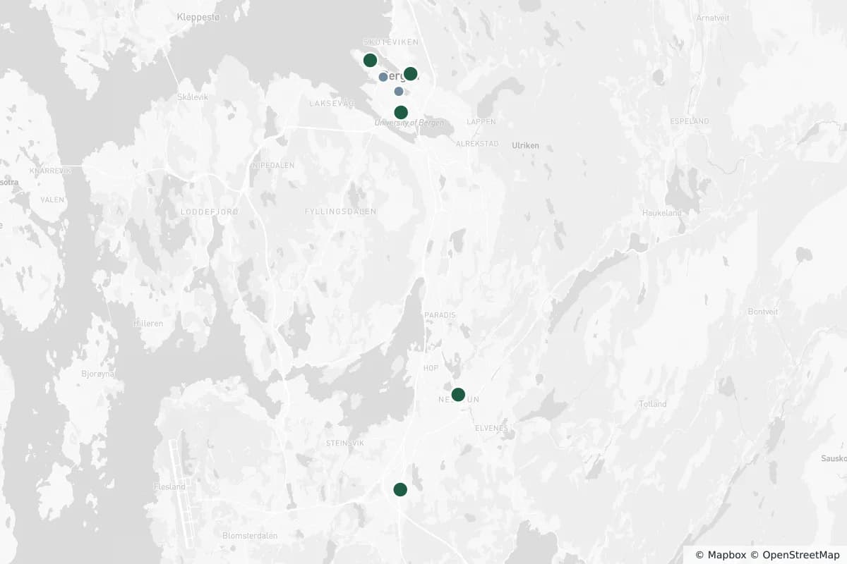 Kart over øyeklinikker i Bergen og resten av landet — trykk på en markør for detaljer