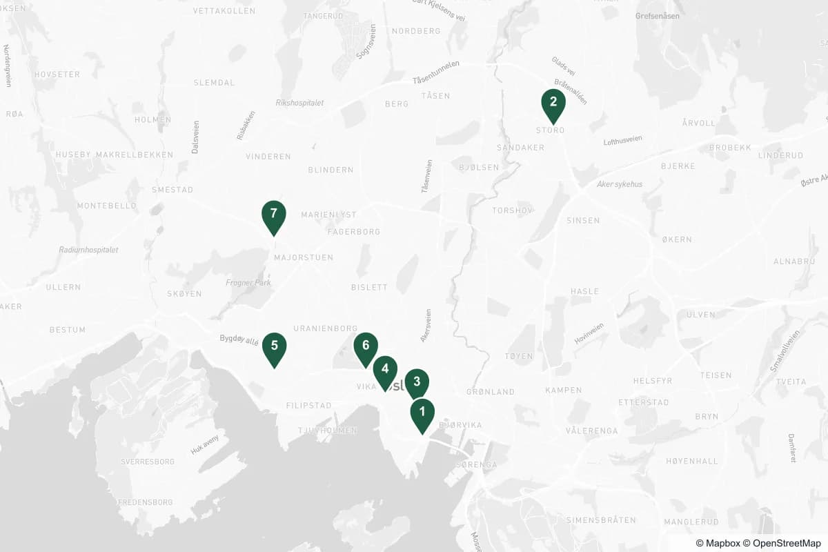 Kart over øyeklinikker i Oslo — numrene viser klinikkene i tabellen under