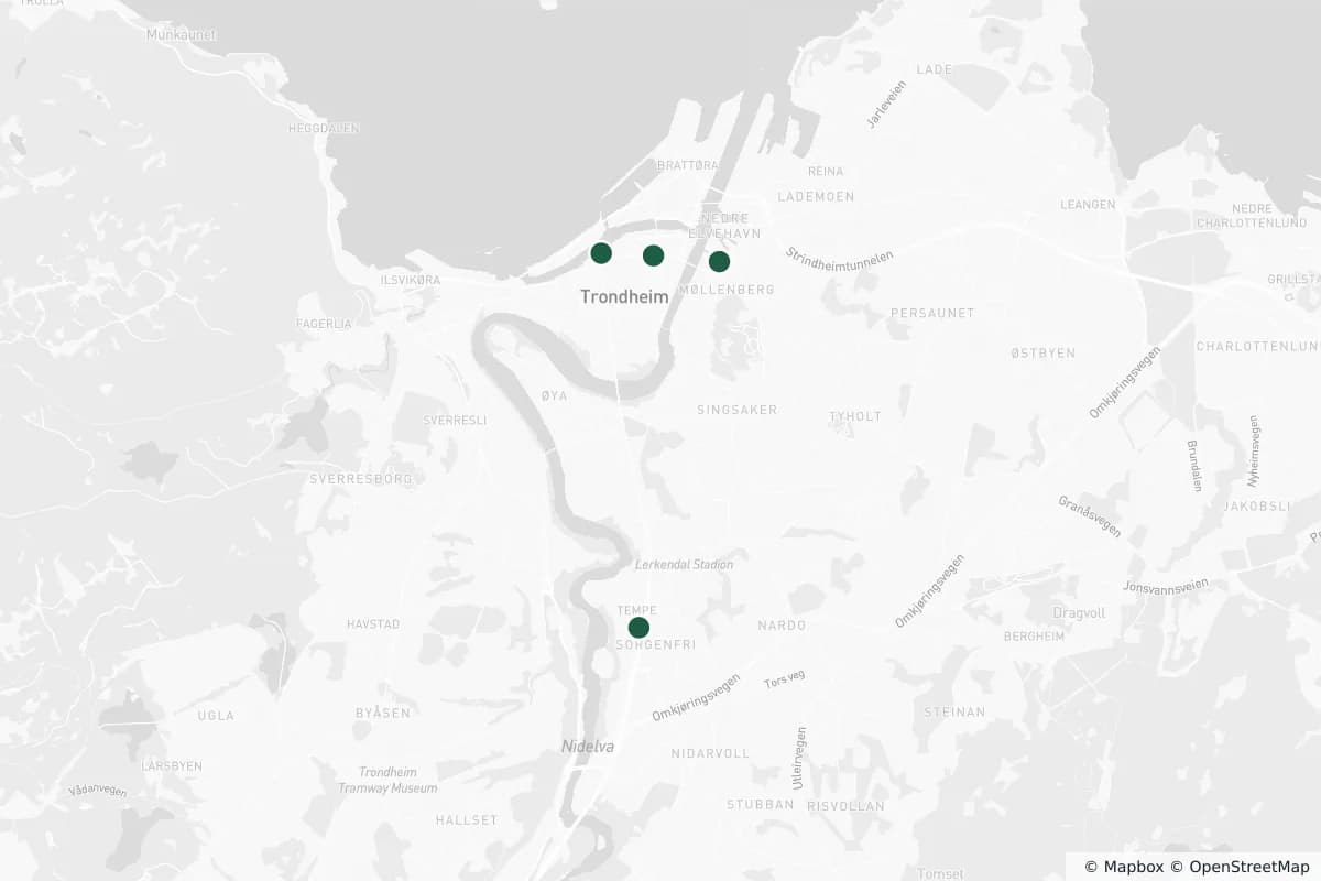 Kart over øyeklinikker i Trondheim og resten av landet — trykk på en markør for detaljer