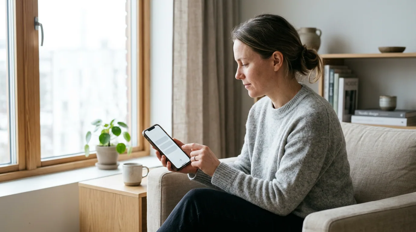 Person ved et lyst vindu ser på en mobil med et enkelt spørreskjema på skjermen.