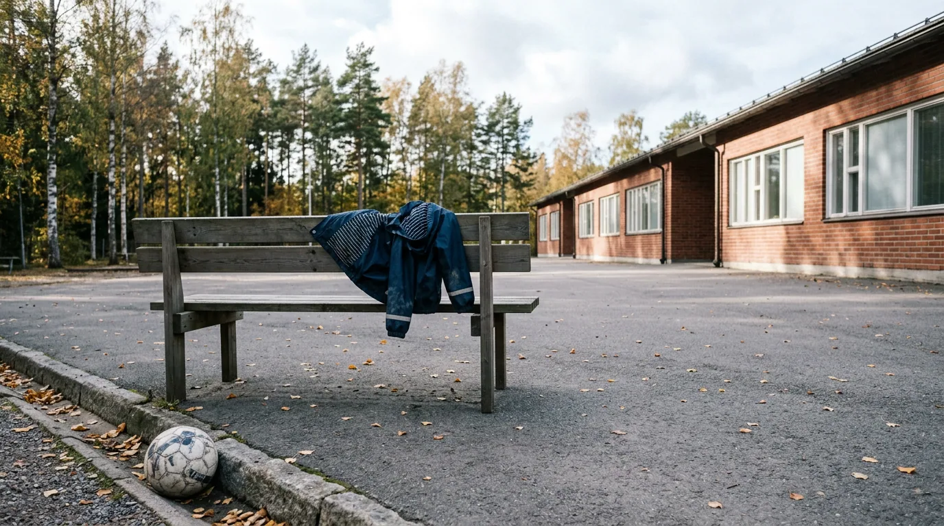 En tom skolegård i formiddagslys, med en jakke slengt over en benk og en ball i kanten av bildet