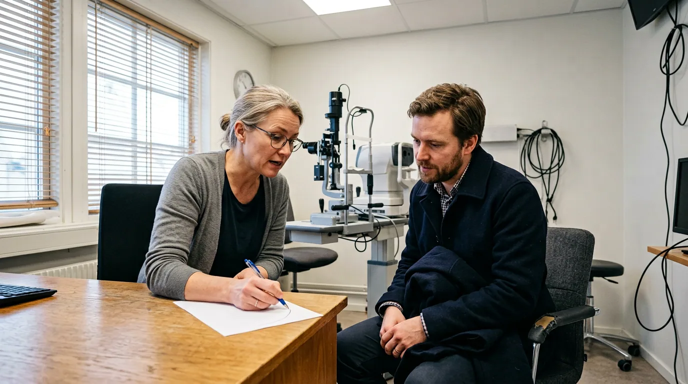 Optiker går gjennom resultatene fra forundersøkelsen sammen med en pasient ved et skrivebord