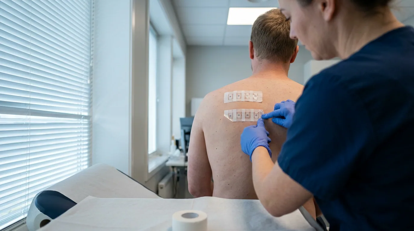 En hudsykepleier fester den siste stripen med lappetest-kamre på ryggen til en pasient i et undersøkelsesrom