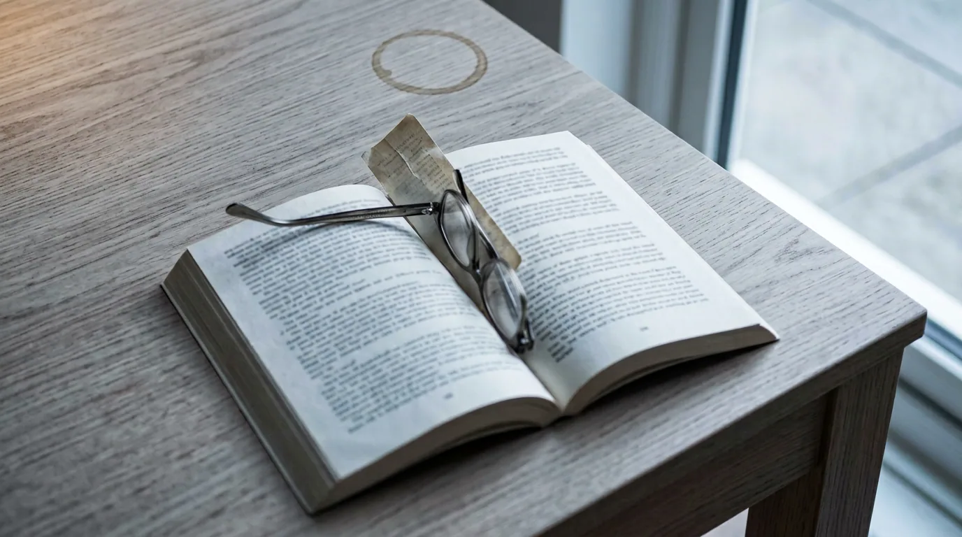 Et par lesebriller ligger igjen på en oppslått bok på et grått trebord ved et vindu, med dagslyset inn fra siden og bordkanten i forgrunnen