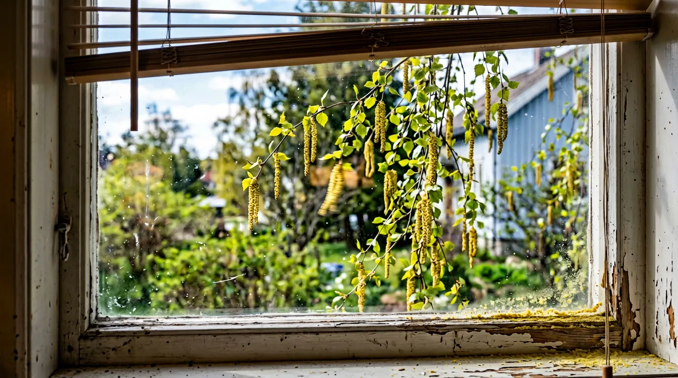 Bjørkerakler tett på utsiden av et gammelt kjøkkenvindu en aprilmorgen, med et lag gult pollen langs vinduskarmen