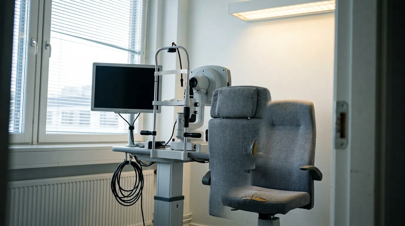 Et tomt undersøkelsesrom på en øyeklinikk med et måleinstrument på et bord ved siden av pasientstolen, en avslått skjerm og persienner for vinduet