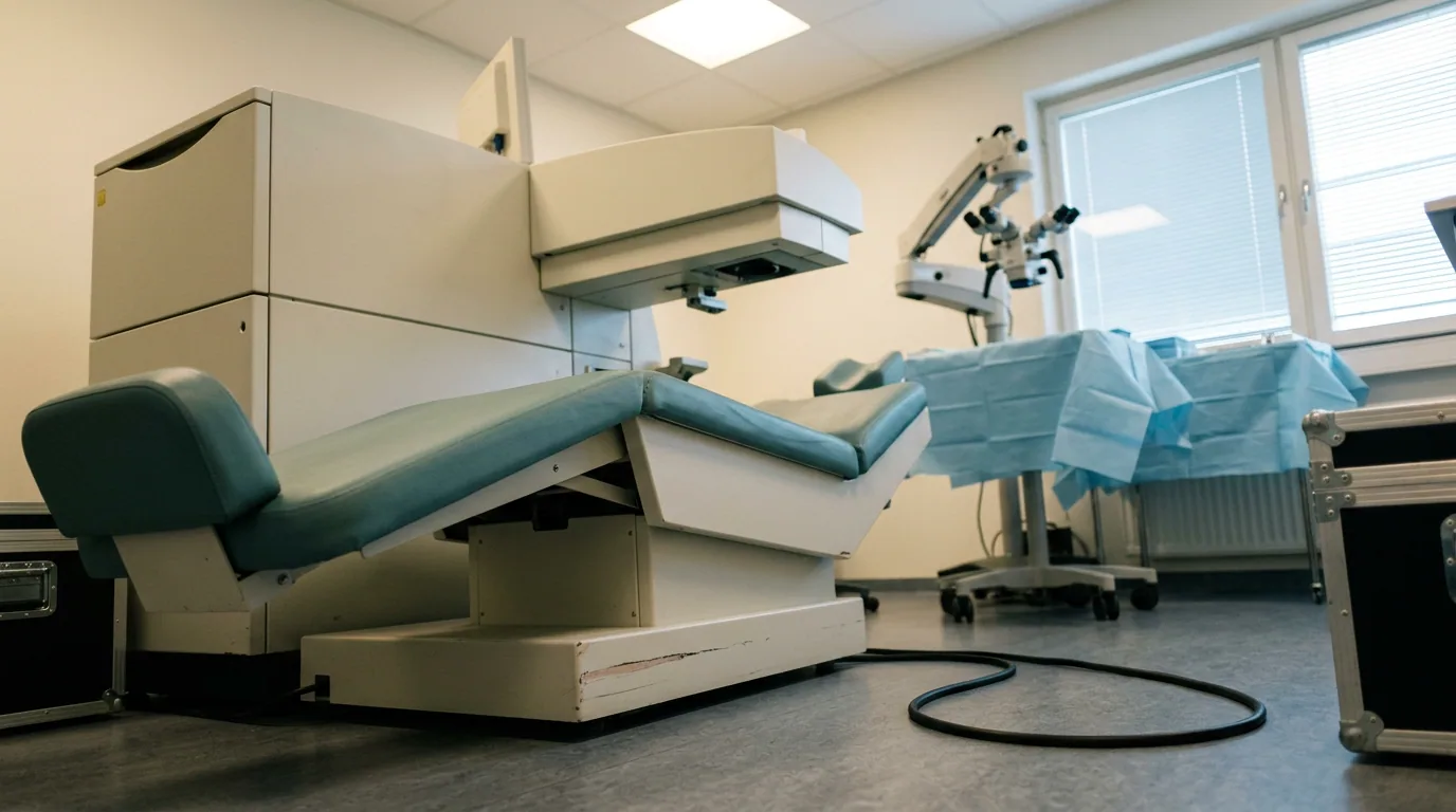 Et tomt behandlingsrom sett lavt fra gulvet, med en excimerlaser og den tilbakelente pasientbenken i forgrunnen og et operasjonsmikroskop ved et dekket bord lenger bak