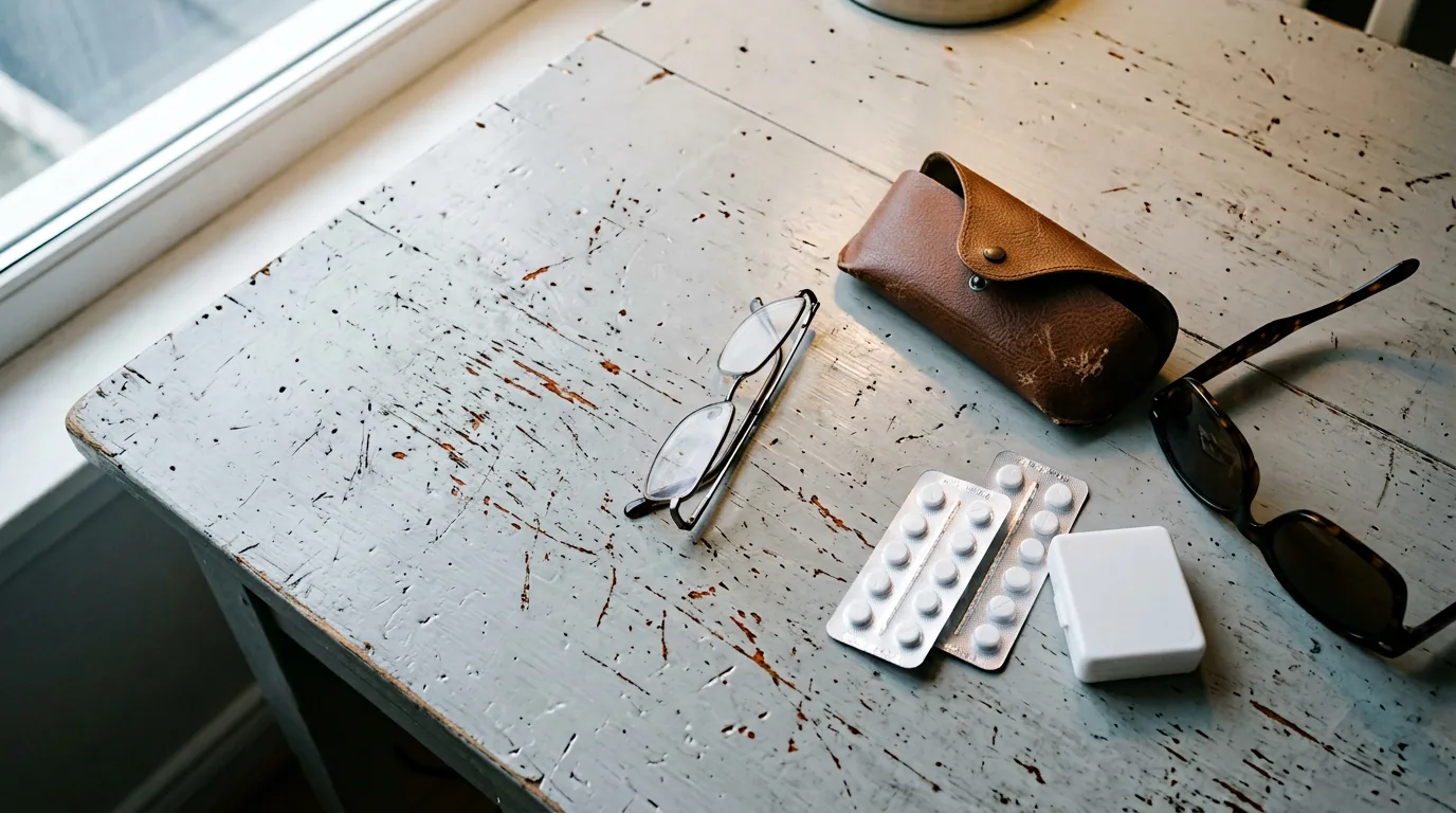 Sett ovenfra av et lysegrått kjøkkenbord ved et vindu med sammenleggbare lesebriller, et halvåpent brunt skinnetui, solbriller og to brettkort med tabletter