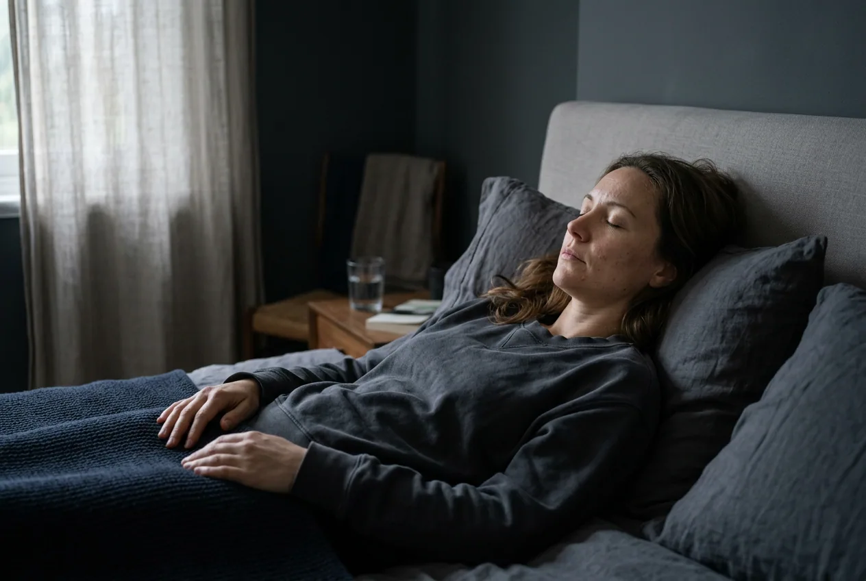 En person hviler med lukkede øyne i et dempet rom mens et øyemigreneanfall går over
