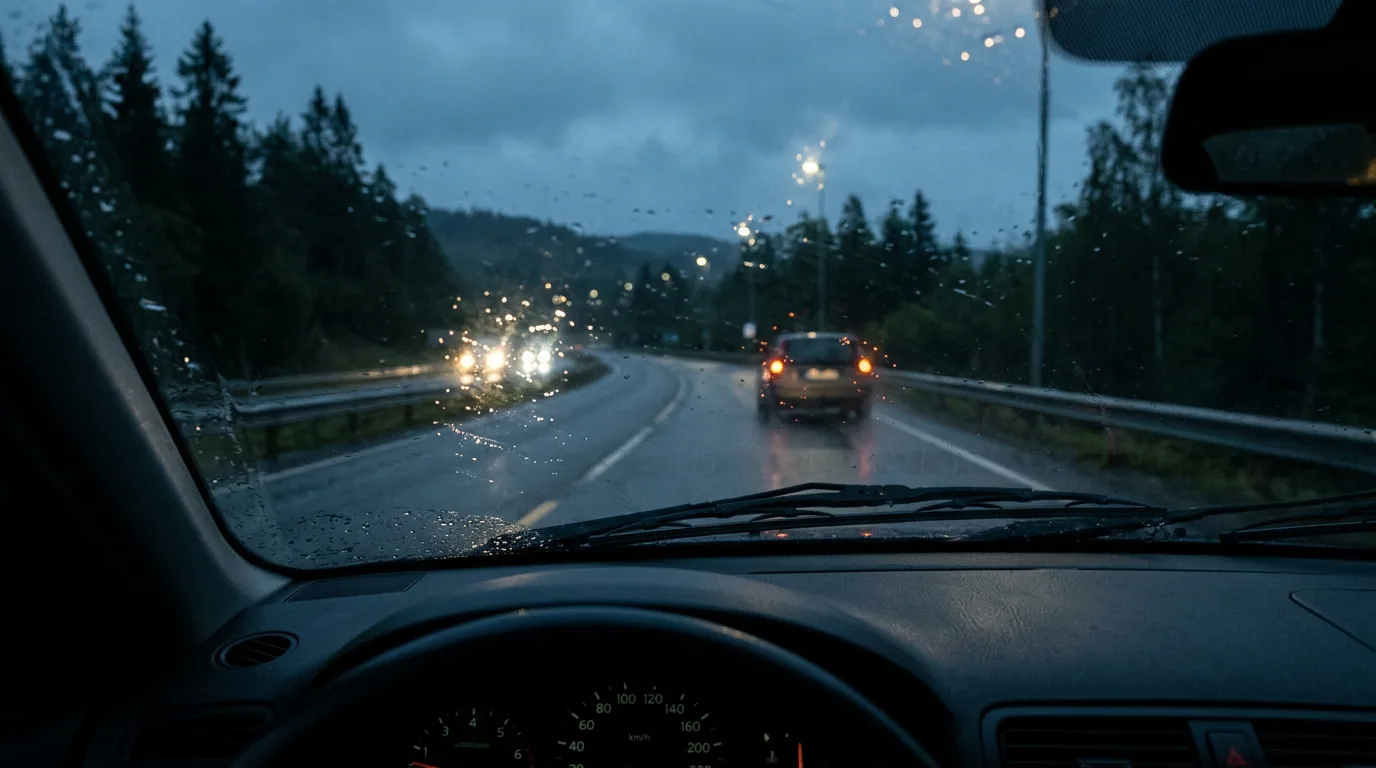 Utsikt gjennom en bilrute i skumringen på en våt vei, der møtende frontlykter blir til myke ringer i glasset