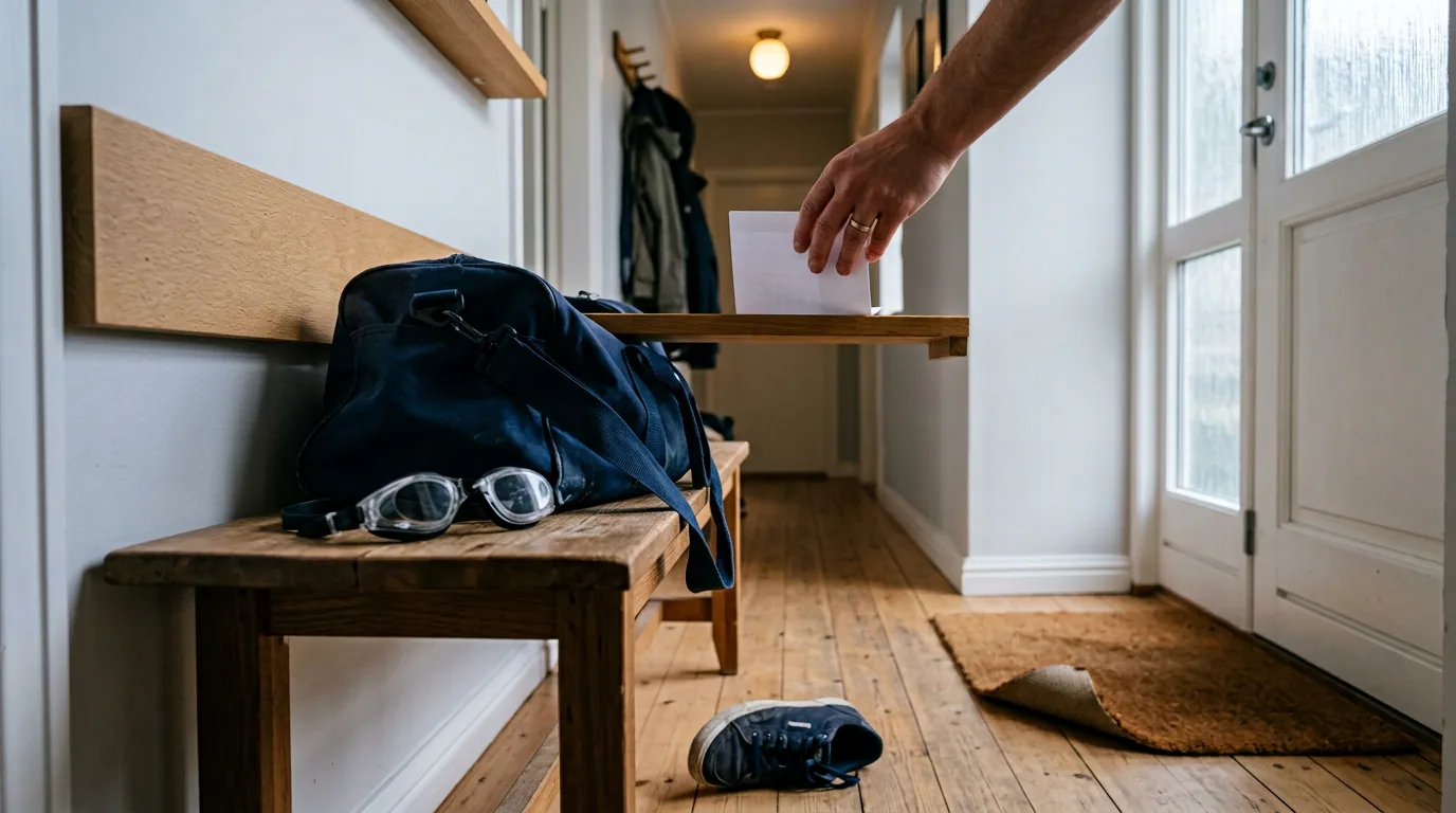 Svømmebag og svømmebriller på en benk i gangen, ved siden av en innkallingslapp fra klinikken
