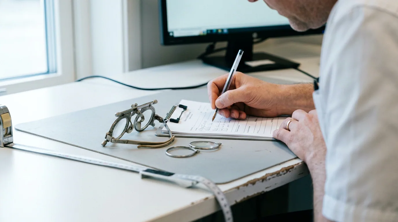 En optiker noterer på et skjema ved pulten, med prøvebrille, løse glass og et målebånd på bordet