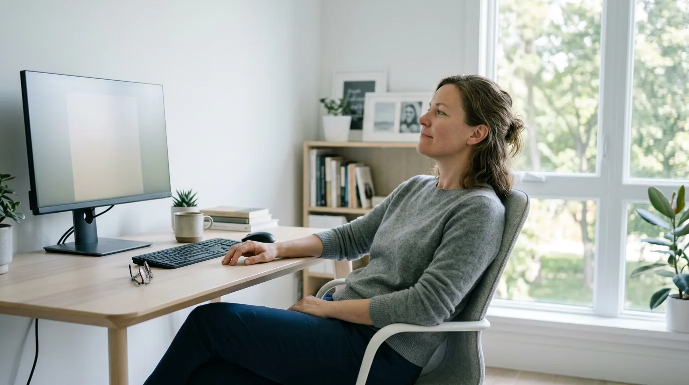 En person ved en lys arbeidspult ser bort fra skjermen mot vinduet for å hvile øynene