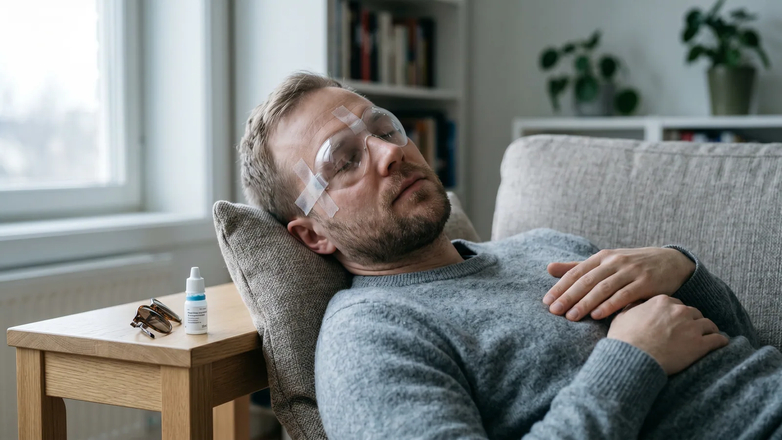 Mann hviler hjemme på sofaen med et gjennomsiktig øyeskjold etter øyelaser, med solbriller og øyedråper på sidebordet