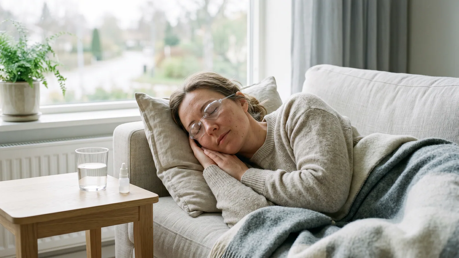 En kvinne hviler på en sofa ved vinduet med beskyttende øyeskjold dagen etter en øyelaser, med et glass vann og en flaske øyedråper på nattbordet
