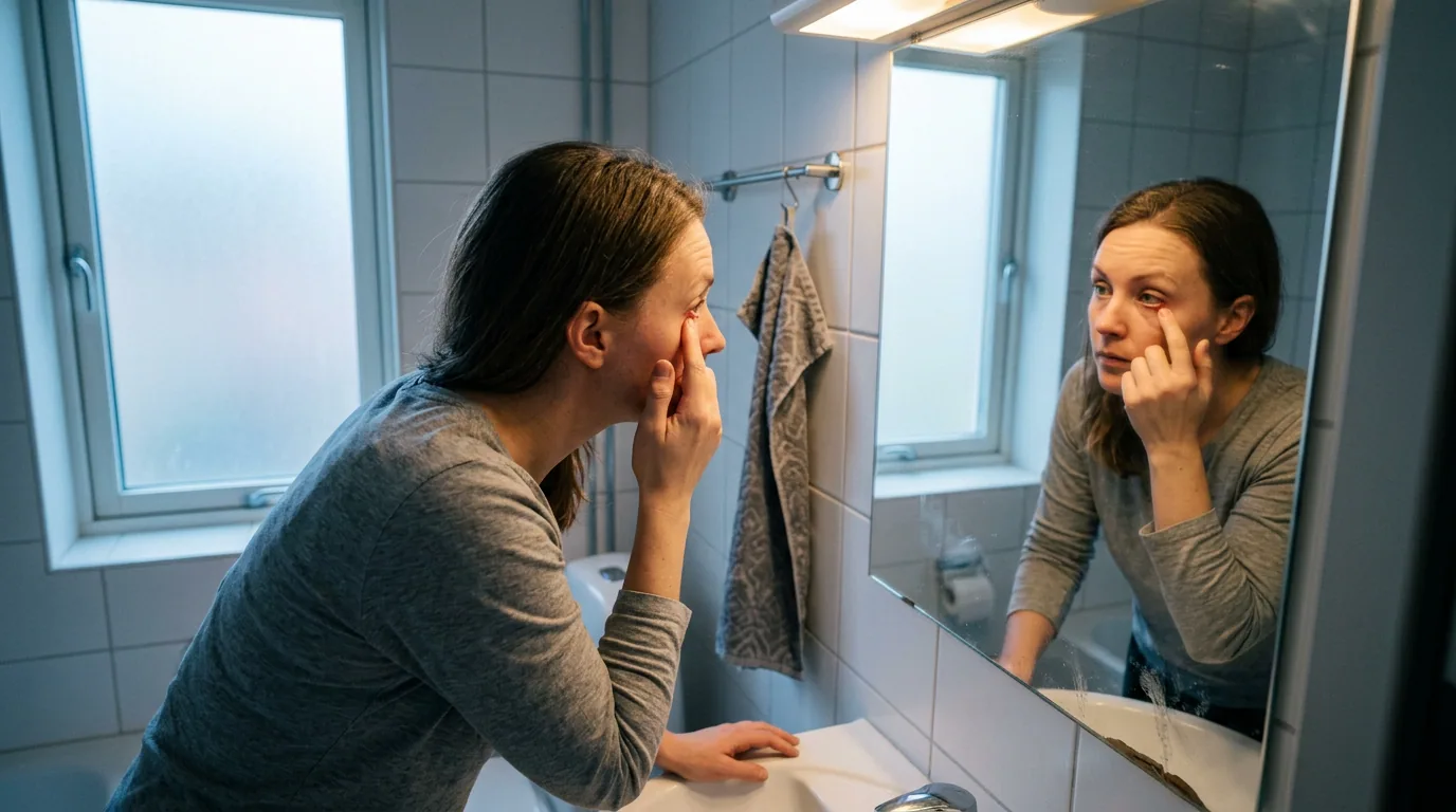 En kvinne bøyer seg mot badespeilet om morgenen og trekker ned det nedre øyelokket med en fingertupp for å se på et ømt punkt ved vippekanten