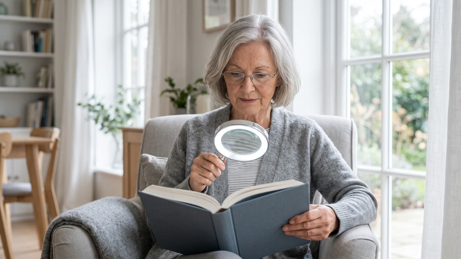 En eldre kvinne sitter i en lys stue ved vinduet og leser en bok med en opplyst håndlupe