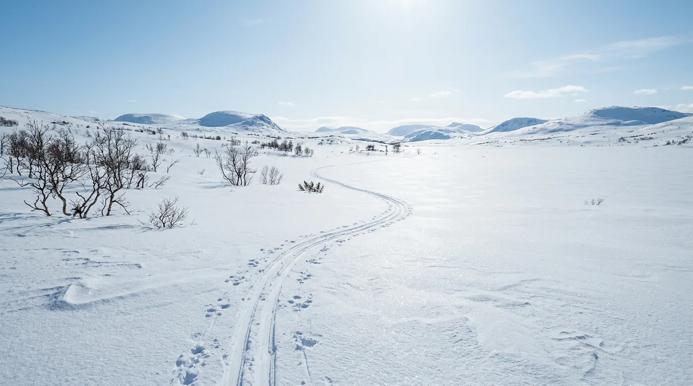 Snødekt fjellvidde i sterkt vårsollys, med skispor som svinger bortover mot lave fjelltopper