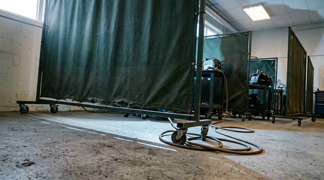 Verksted sett like over gulvhøyde, med en tung sveiseskjerm på hjul trukket halvveis for en arbeidsbås, to skjermede båser og et sveiseapparat bak, og en gasslange i slakke buer over den bare betongen