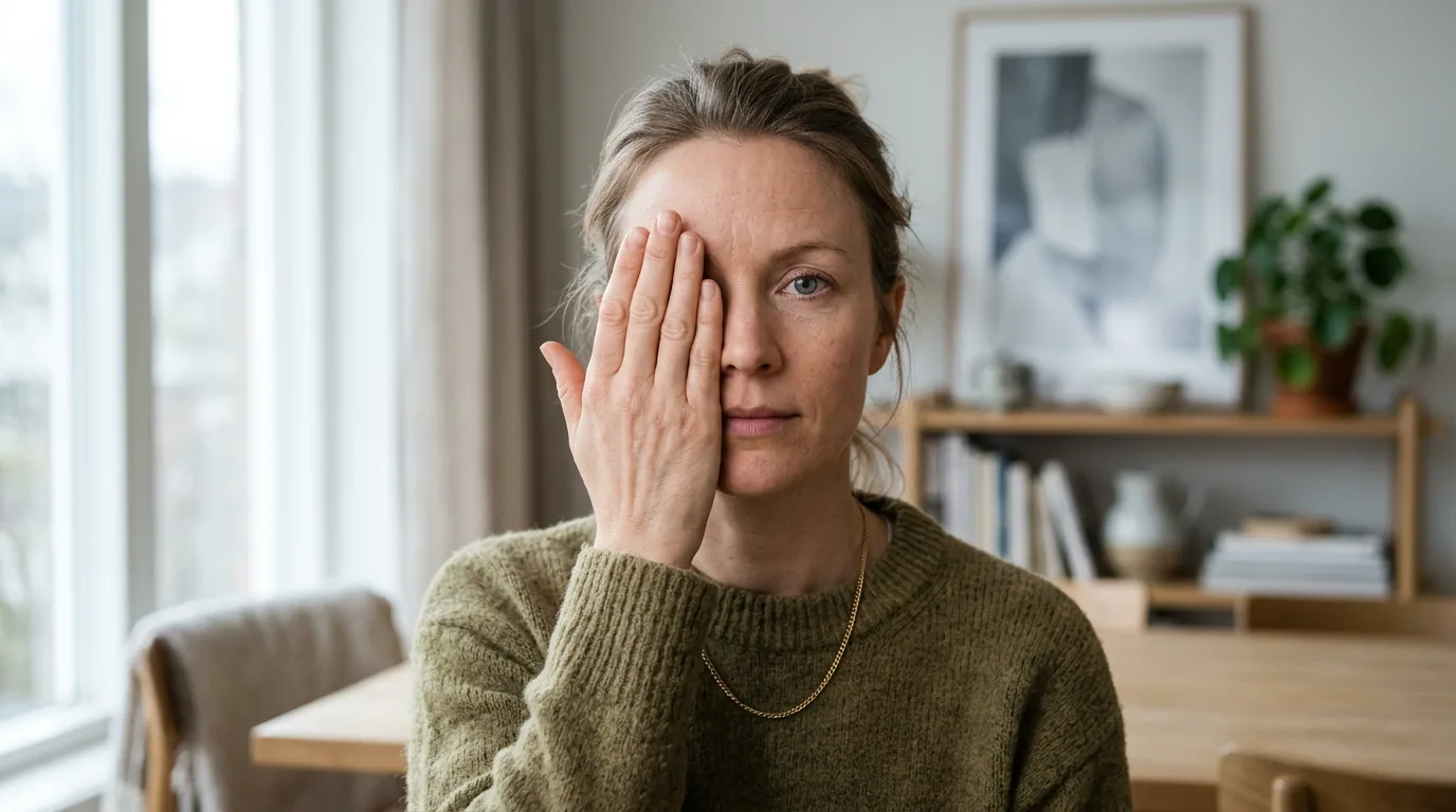 Illustrasjon av dekk-ett-øye-selvtesten der en hånd dekker det ene øyet for å teste synet