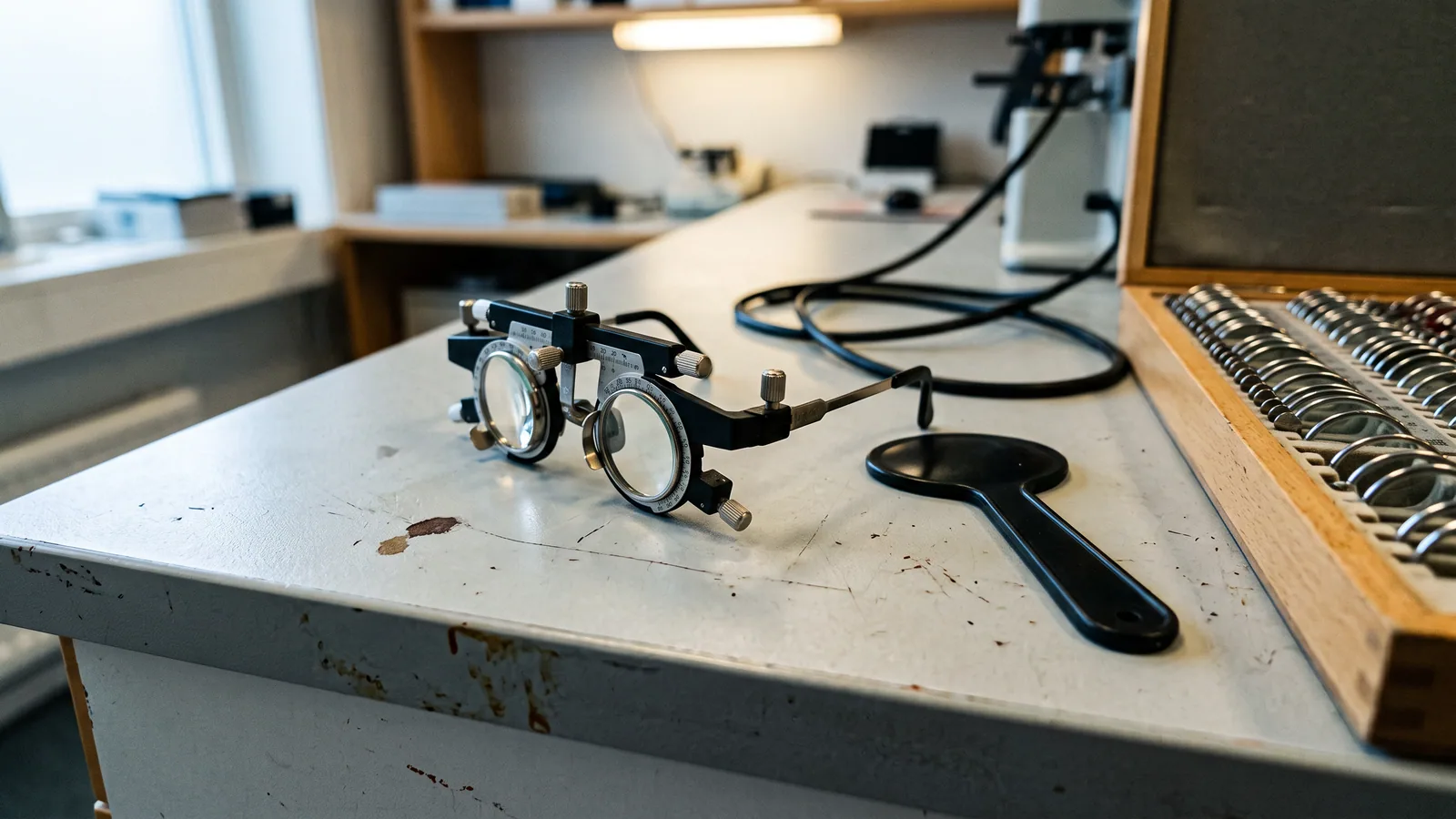 Prøvebrille og okkluder på benken i et optikerverksted, ved siden av en kasse med prøvelinser