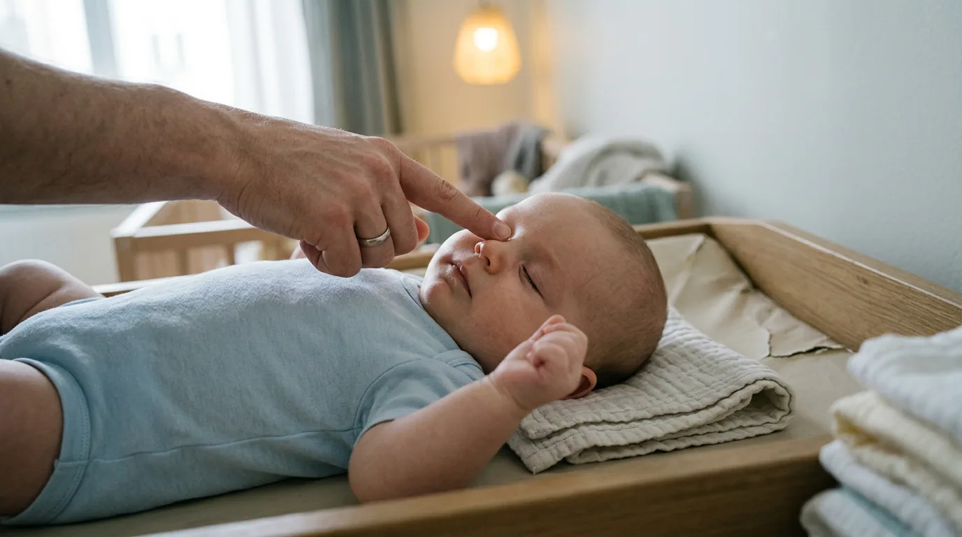 En forelders fingertupp hviler i den indre øyekroken på en rolig baby på stellebordet, klar til å presse nedover langs nesen