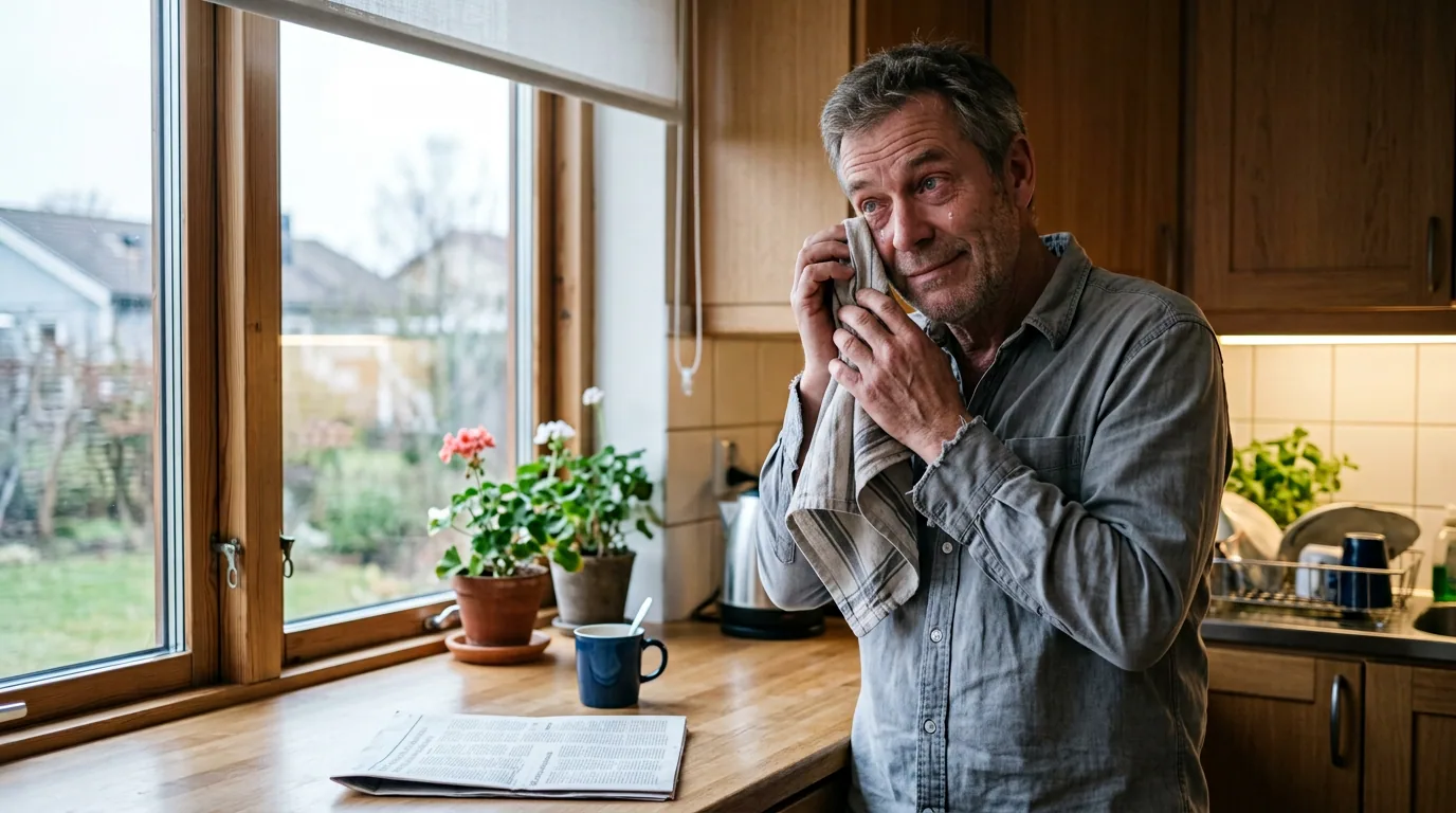 En mann ved kjøkkenvinduet tørker det ene øyet med et kjøkkenhåndkle mens det renner over