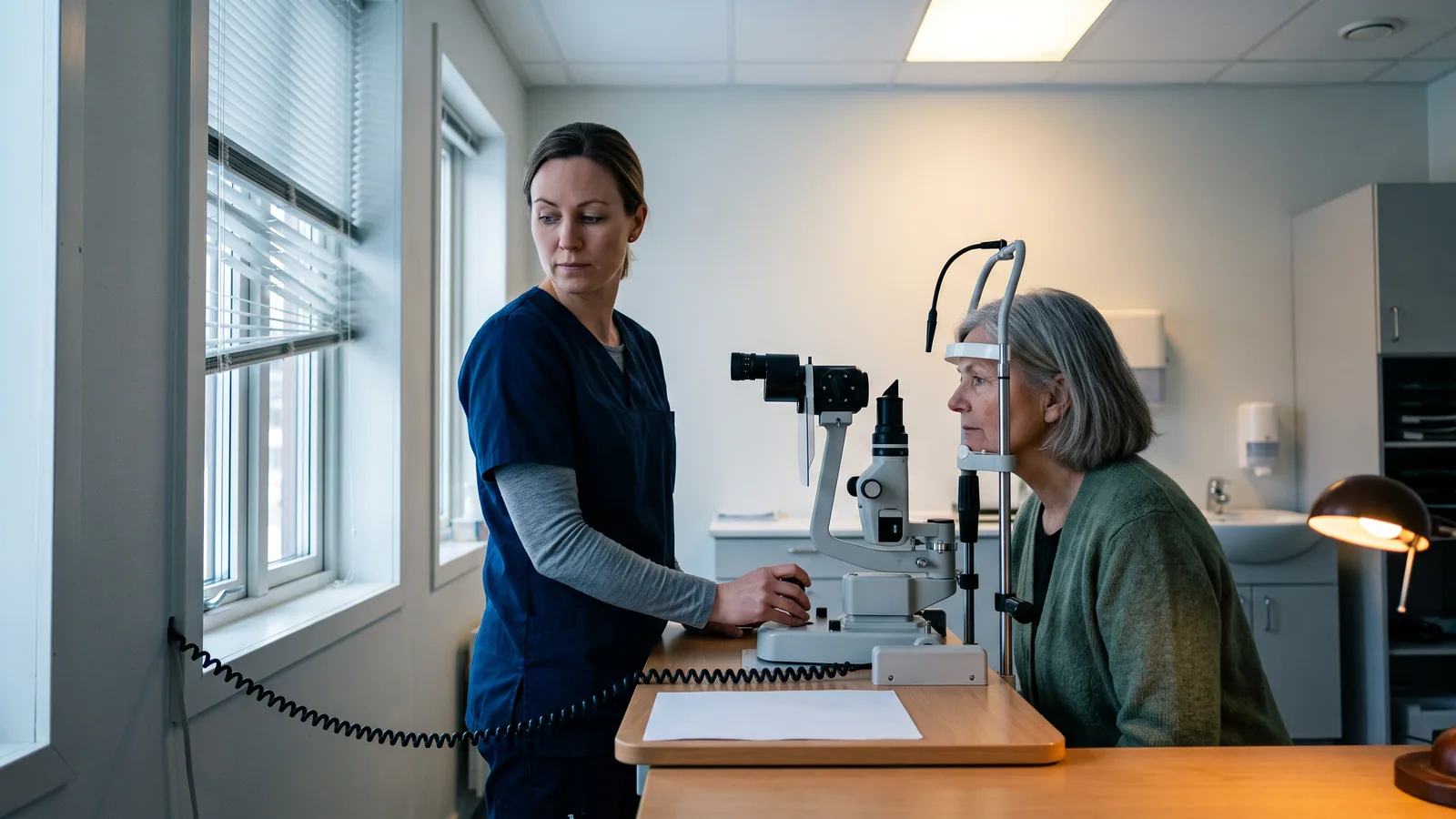 En optiker justerer en spaltelampe i et lyst undersøkelsesrom mens en kvinne i sekstiårene sitter med haken mot støtten