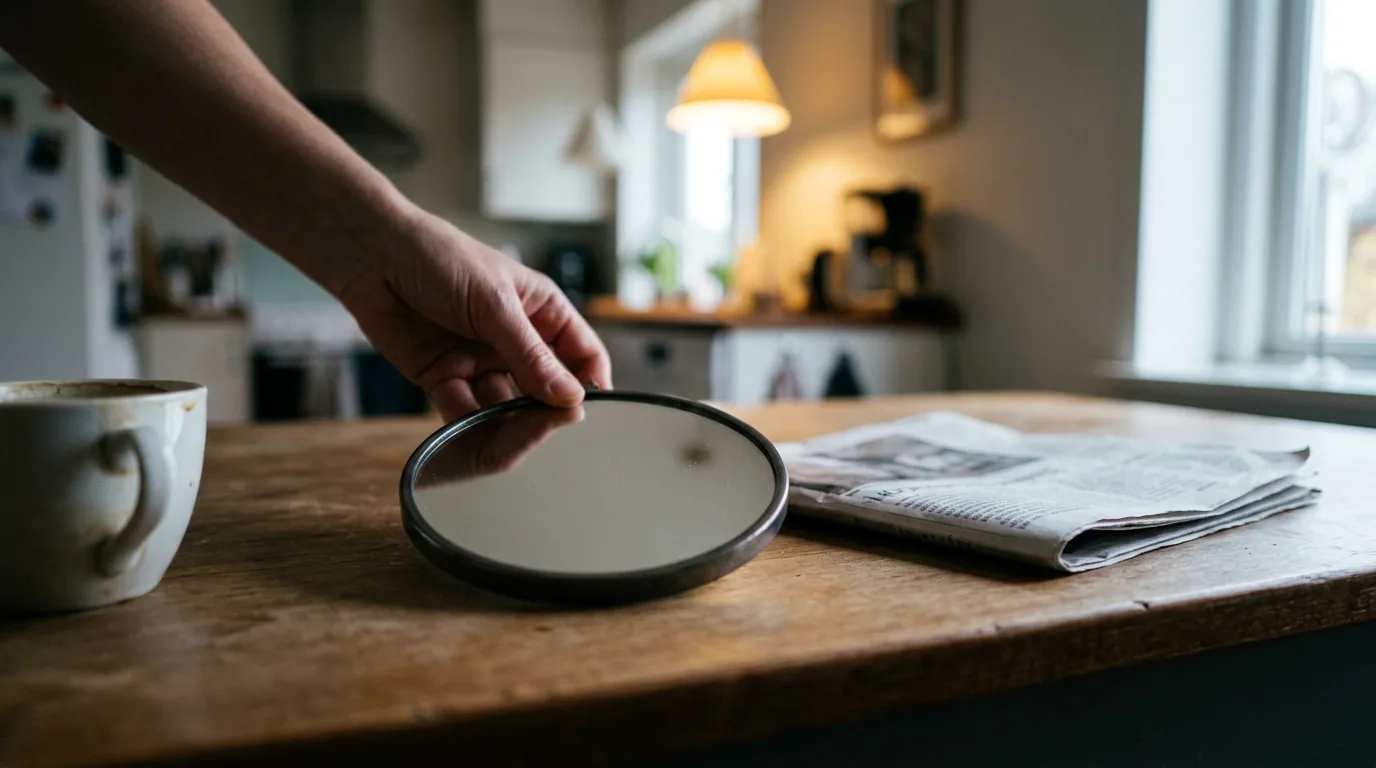 To kalde hender setter et lite rundt håndspeil ned på et kjøkkenbord ved siden av en sammenbrettet avis i morgenlys