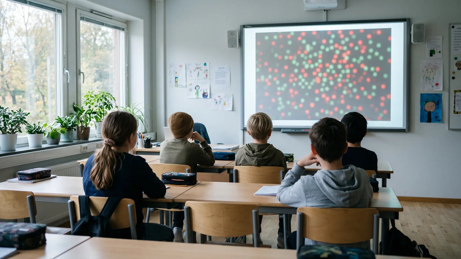 Elever i et lyst klasserom følger med på en Ishihara-inspirert fargeprikkplate som vises på en smartboard foran ved tavla