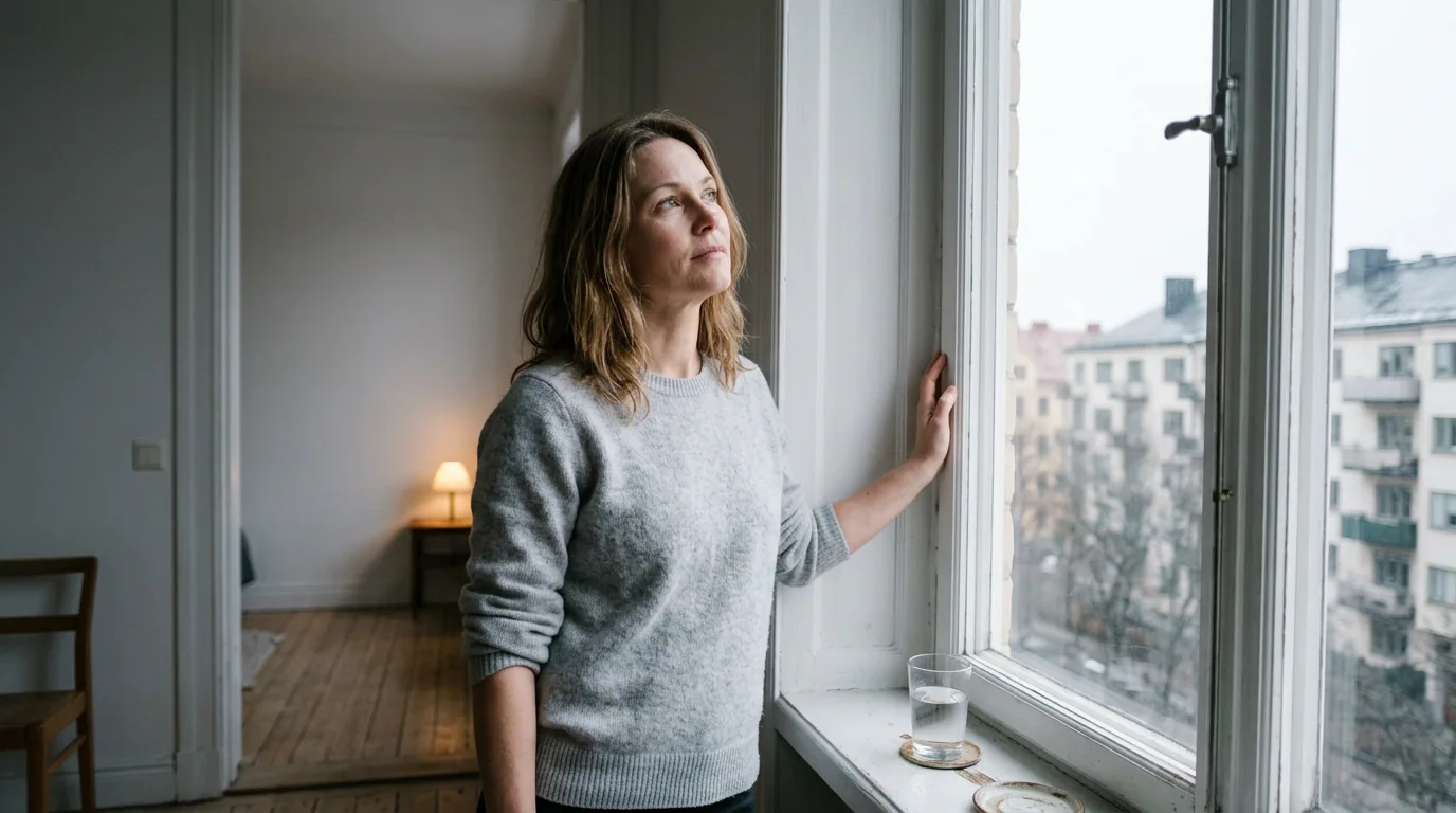 En kvinne står ved et høyt vindu i en lys leilighet på en grå formiddag og følger noe med blikket oppe i den hvite himmelen