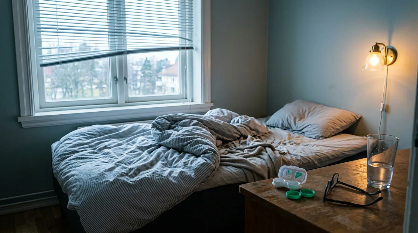 En mann sitter på sengekanten i et mørkt soverom med hånden mot det ene øyet, opplyst bare av en liten nattlampe